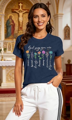 Womens Christian Shirt Bible Verse T-Shirt Religious Gifts Florial Tee Tops - color: Blue, size: Small