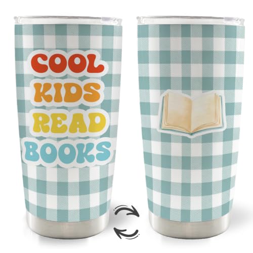 Blue Gingham Cool Kids Read Books 20oz Travel Coffee Mug Tumbler - color: cool