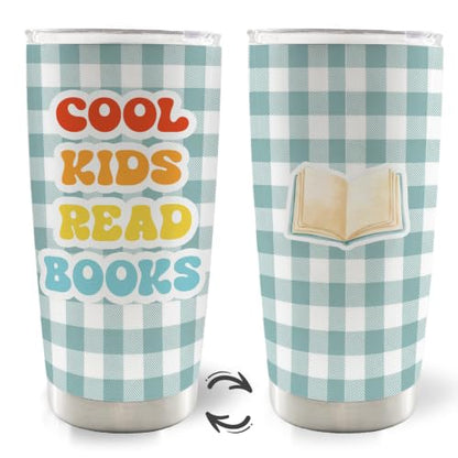 Blue Gingham Cool Kids Read Books 20oz Travel Coffee Mug Tumbler - color: cool