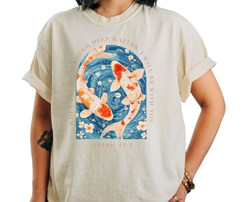 Daytee Isaiah 43 2 Shirt Garment Dyed Tee Christian Koi Fish Shirt Bible Verse Shirt Faith Graphic Tee - size: Small