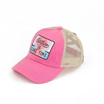 C.C Ponycap Messy High Bun Ponytail Adjustable Mesh Trucker Baseball Cap Hat - color: Criss Cross Patch Lake Time, Pink