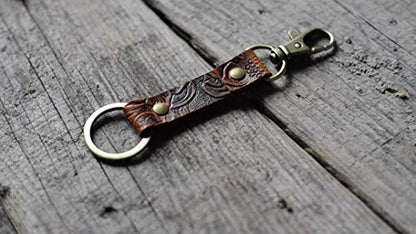 JJNUSA Brown Leather Key chain flower pattern with Easy Clasp Key Wrist Lanyards Holder