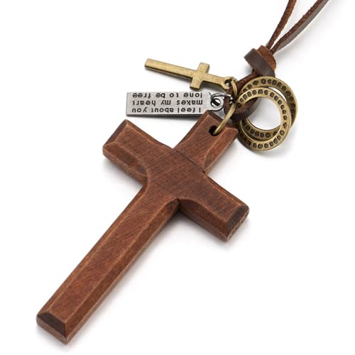 COOLSTEELANDBEYOND Leather Cord Necklace with Wooden Cross and Ring Charms, Mens Womens, Adjustable Brown Leather Cord