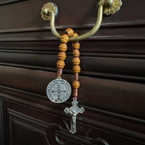 Bovemee Saint Benedict Medal Prayer Pocket Rosary Catholic Brown Wood Beads with Medalla de san benitol and Crucifix, 9 Inch - color: Silver