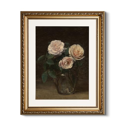 HUARCEY Embossed Gold Framed Vintage Rose Canvas Wall Art 13x16 Inch - color: Three Roses, size: 16"L x 13"W