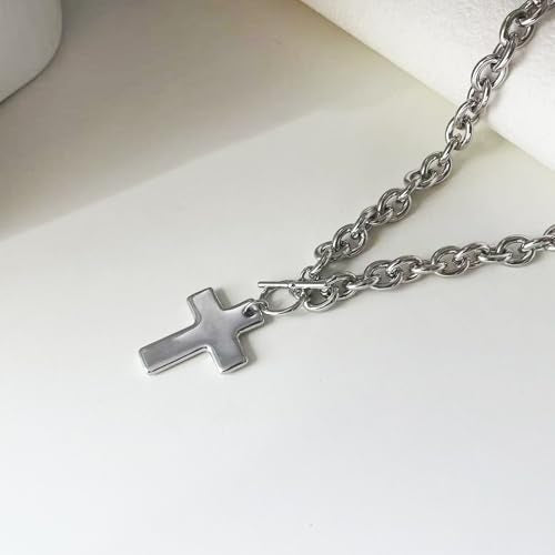 LULII Cross Necklace for Women Dainty 14K Gold Silver Plated Small Cross Pendant Choker Simple Cute Cross Gold Necklace for Women Trendy Faith Jewelry Gift - color: Chunky Cross Necklace-Silver