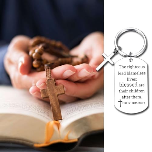 GiftYou Inspirational Scripture Metal Key Chains with Cross Pendant - Bible Verse Keychain Religious Gift for Christian - color: Proverbs 20:7