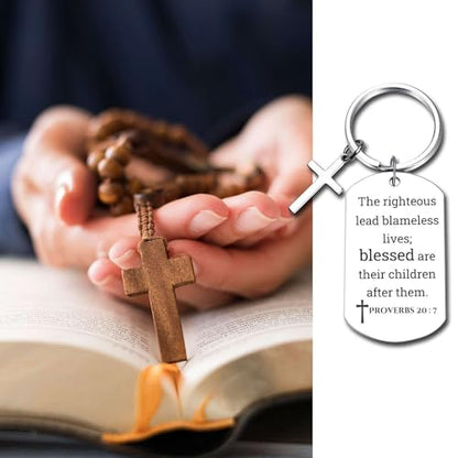 GiftYou Inspirational Scripture Metal Key Chains with Cross Pendant - Bible Verse Keychain Religious Gift for Christian - color: Proverbs 20:7