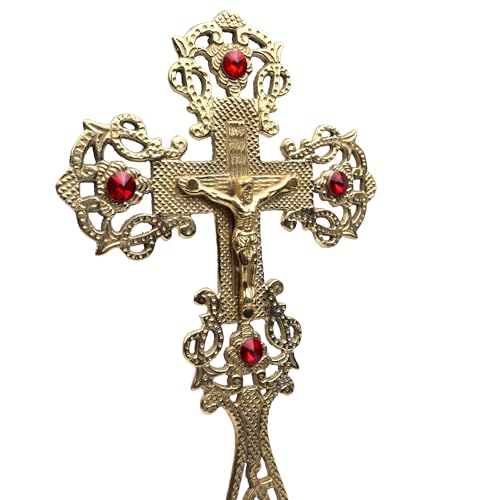 Needzo Brass Cross with Red Faux Crystals, Catholic Church Altar Decor, 12 x 5 Inches