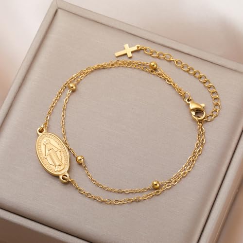 VASSAGO Virgin Mary Bracelet for Women Men Double-Sided Virgen de Guadalupe Rosary Bracelet Medal Handmade Braided Rope Catholic Christian Religious Jewelry Gift - color: Gold 14
