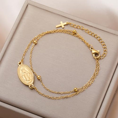 VASSAGO Virgin Mary Bracelet for Women Men Double-Sided Virgen de Guadalupe Rosary Bracelet Medal Handmade Braided Rope Catholic Christian Religious Jewelry Gift - color: Gold 14