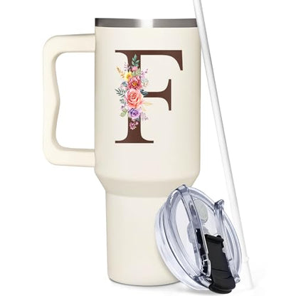 Personalized Gifts for Women, Customized Mother's Day, Birthday, Xmas Gift For Grandma, Mom, Wife, Friends, Sisters, Coworkers, Monogrammed Tumbler 40oz with Lid and Straw - color: F