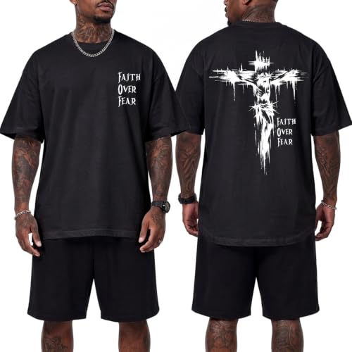 BINTEHGS Christian Faith Over Fear Shirt Jesus Cross T Shirts for Mens Oversized Religious Tshirts God Vintage Graphic Tee - color: Black, size: XX-Large