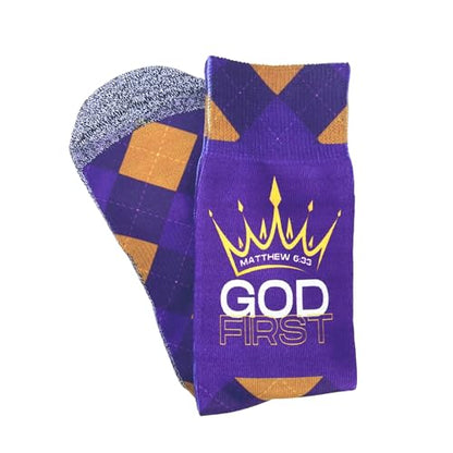 Bible Verse Socks for Men, Christian Scripture Crew Socks, Faith Gift - color: God First (Matthew 6:33)