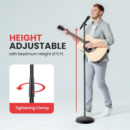 Pyle microphone stand - universal mic stand with compact heavy base, floor standing design, height adjustable, pivot angle clip for singing & recording (2.8' - 5' ft., 9.8" diameter) - size: 1 Pack
