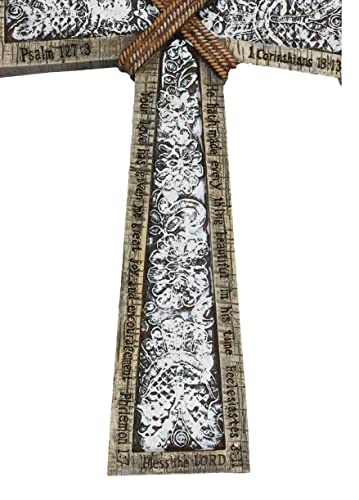 Ebros Gift 16" Tall Rustic Western Faux Wooden Holy Bible Scriptures with Braided Ropes and Ornate White Lace Stencil Antique Design Decorative Wall Cross Hanging Decor Plaque