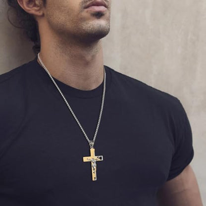 HZMAN Men's Stainless Steel Cross Crucifix Bible Prayer Pendant Necklace - color: Gold