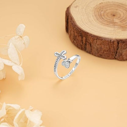 Sterling Silver Open Adjustable Ring Wrap Stack Statement Jewelry Gift - color: Faith Over Fear