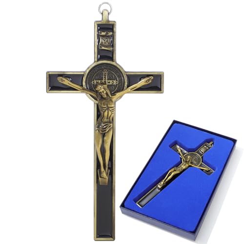 KOMI 7.5" Metal Crucifix Wall Cross with Black Enamel Catholic Jesus Cross - color: Black-Gold