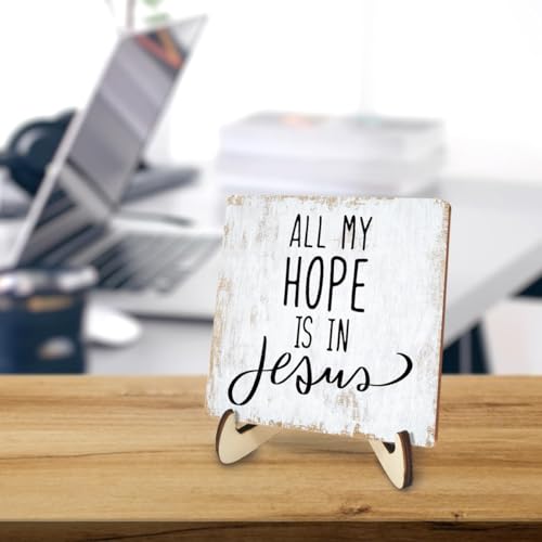 Rustic Wooden Inspirational Sign - 5.1x5.1 inches - Christian Bible Verse - Tabletop Decor - 3 Pack - color: HopeJesus