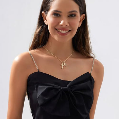 Zeffy Cross Necklace for Women,18K Gold/Silver Plated Tiny Cubic Zirconia Cross Pendant Necklace for Women Simple Layered Cross Necklaces for Women - color: Gold CZ Double Cross