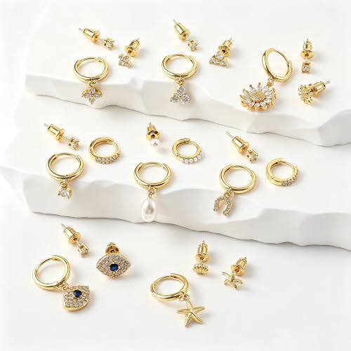 SHERLOVE Gold Earring Stacks Women 3Pairs Dangle Stud Huggie Hoop Set - color: 3 Pairs-Evil eye 01 Stud Gold