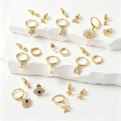 SHERLOVE Gold Earring Stacks Women 3Pairs Dangle Stud Huggie Hoop Set - color: 3 Pairs-Evil eye 01 Stud Gold