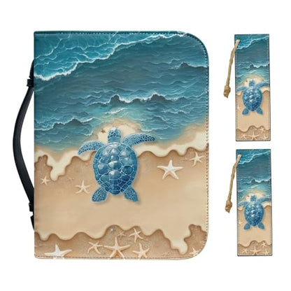 Beach Blue Turtle Starfish Print PU Leather Bible Cover Church Bible Bag with Bookmarks Book Covers Carrying Bible Case with Zippered Pockets for Prayer, M - color: Beach Blue Turtle Starfish, size: Medium