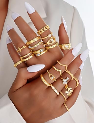 Gold Stackable Rings Set for Women, Gold Plated Chunky Crystal Finger Rings - color: Gold Eye