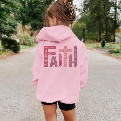 Girls Christian Hoodies Kids Jesus Faith Sweatshirts Cute Religious Graphic Sweater Inspirational God Bible Verse Top - color: Pink, size: 5-6 Years