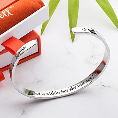 Carviell Bracelets for Women – 100+ Meaningful Engraved Messages – Solid 316L Surgical Stainless Steel Cuff Bracelet – Gift Ready - color: CHRISTIAN GIFT - God is within her, she will not fall.