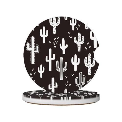 Black White Cactus Car Coasters for Cup Holders,2 Pack Car Cup Holder Coasters for Car,Ceramic Absorbent Car Coaster with A Finger Notch and Cork Base,Car Interior Accessories for Women Men - color: Black White Cactus