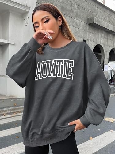 Womens Auntie Sweatshirt Auntie Letter Print Crewneck Long Sleeve Pullover Top Women Embroidered Sweatshirt - color: Darkgrey, size: XX-Large