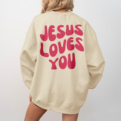 Christian Sweatshirts Women Jesus Loves You Sweatshirt Faith God Shirts Religious Hoodie Oversized Crewneck Pullover - color: Apricot, size: Small
