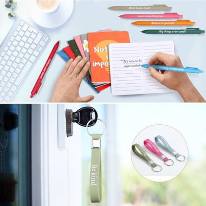 PerKoop 48 Pcs Inspirational Gifts Bulk Employee Motivational Notepads Positive Ballpoint Pens Keychains Set Staff Coworker Appreciation Gifts for Teachers Women Office Party Favor Supplies - style: Colorful