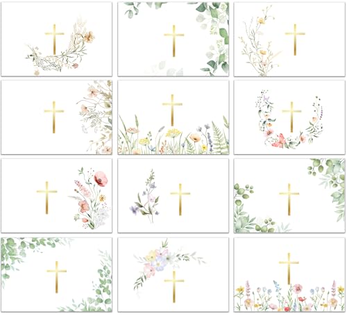 24 Pack Religious Blank Cards with Envelopes & Stickers, 4 x 6 in Watercolor Gold Foil Cross Cards Blank Inside for Baptism, First Communion, Confirmations, Wedding, Baby Shower(12 Designs)