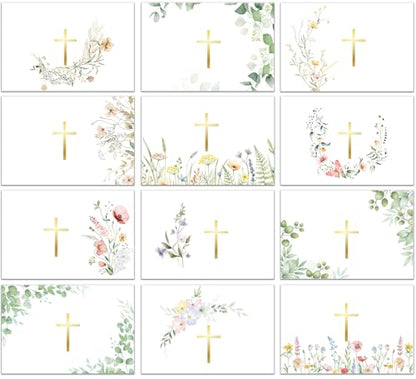 24 Pack Religious Blank Cards with Envelopes & Stickers, 4 x 6 in Watercolor Gold Foil Cross Cards Blank Inside for Baptism, First Communion, Confirmations, Wedding, Baby Shower(12 Designs)