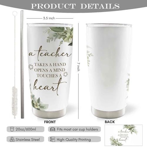 Teacher Gifts 20oz Travel Coffee Mug Tumbler, Teacher Appreciation Gifts for Women Men, a Teachers Takes a Hand Opens a Mind Touches a Heart Stainless Steel Tumbler with Lid and Straw - color: heart