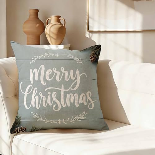 Winter Holiday Christmas Throw Pillow Cover,Merry Christmas Teal Wood Decorative Pillow Case,Rustic Pine Branch Cotton Linen Cushion Case for Home Decor 18 * 18 Inch - color: Settype15