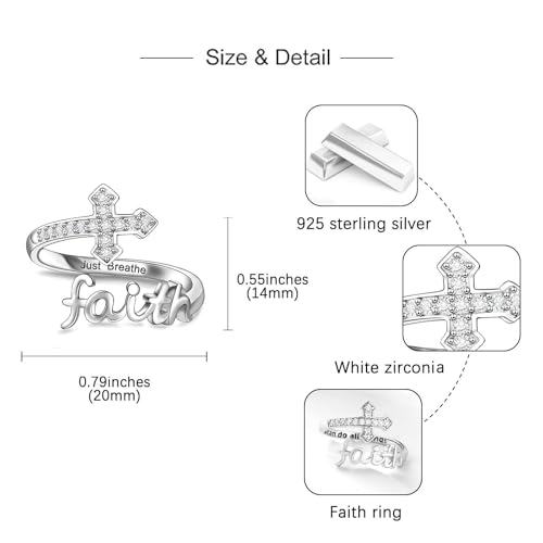 Helonley Cross Faith Ring for Women - 925 Sterling Silver Inspiration Rings - style: Just Breathe