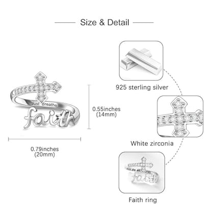 Helonley Cross Faith Ring for Women - 925 Sterling Silver Inspiration Rings - style: Just Breathe