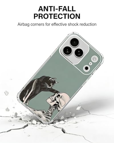 Cat and Skull Phone Case Compatible with iPhone 17 Pro, Hippie Creepy Black Cat and Skeleton Phone Cover for iPhone 17 Pro - color: Cat and Skull