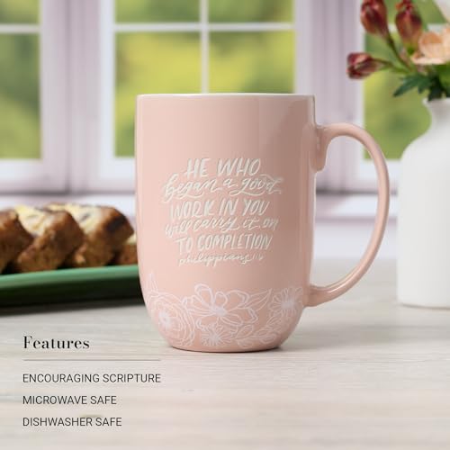 Christian Art Gifts Large Scripture Ceramic Novelty Coffee Mug for Women - color: Pink & White Floral/Began a Good Work