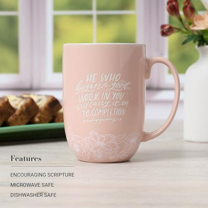 Christian Art Gifts Large Scripture Ceramic Novelty Coffee Mug for Women - color: Pink & White Floral/Began a Good Work