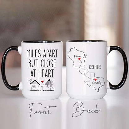 Personalized Miles Apart But Close At Heart Mug - Personalized Long Distance State To State- Moving Away Cup - Bestie Birthday Gift - Custom Map State Distance Coffee Mug - color: DISTANT-MAP-M2