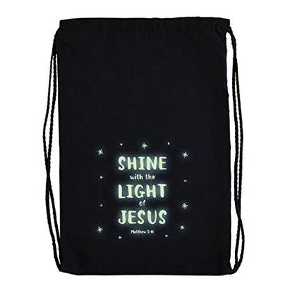 Shine With the Light of Jesus Glow-in-the-Dark Blue Drawstring Bag, 10 Inch x 15 Inch