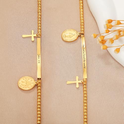 DS Women Christian Charm Bracelet,Cross Scripture Stainless Steel Jewelry - style: For God so loved the world-Gold