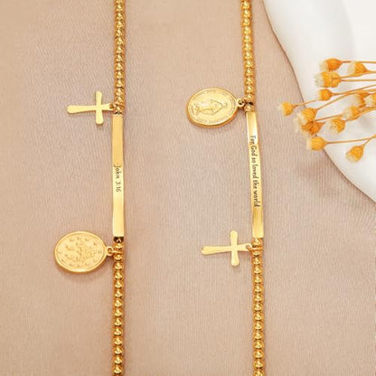 DS Women Christian Charm Bracelet,Cross Scripture Stainless Steel Jewelry - style: For God so loved the world-Gold