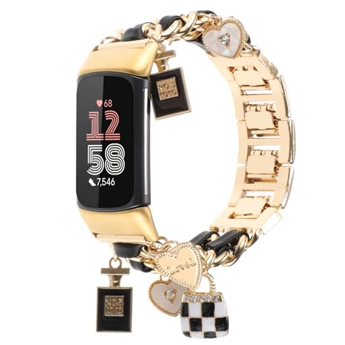 Stylish Metal Wristband Compatible with Fitbit Charge 6/Charge 5 Bands for Women,Cute Strap with Unique Love Cross Pendants Chain Charms Bracelet for Charge 5 6 Fitness Tracker - color: Gold+Black Leather