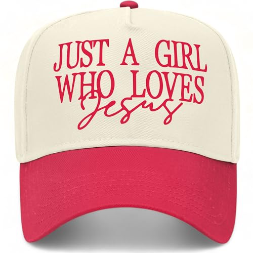 Just A Girl Who Loves Jesus V2 Hat | Premium Adjustable Christian Snapback Baseball Vintage Trucker Hat for Women - color: Red/Natural